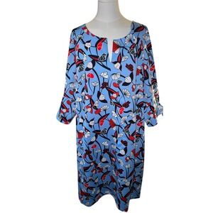 Casteluna Plus Size 24W Blue Red Floral Dress V‎ Neck Tie Cuff Cotton Blend